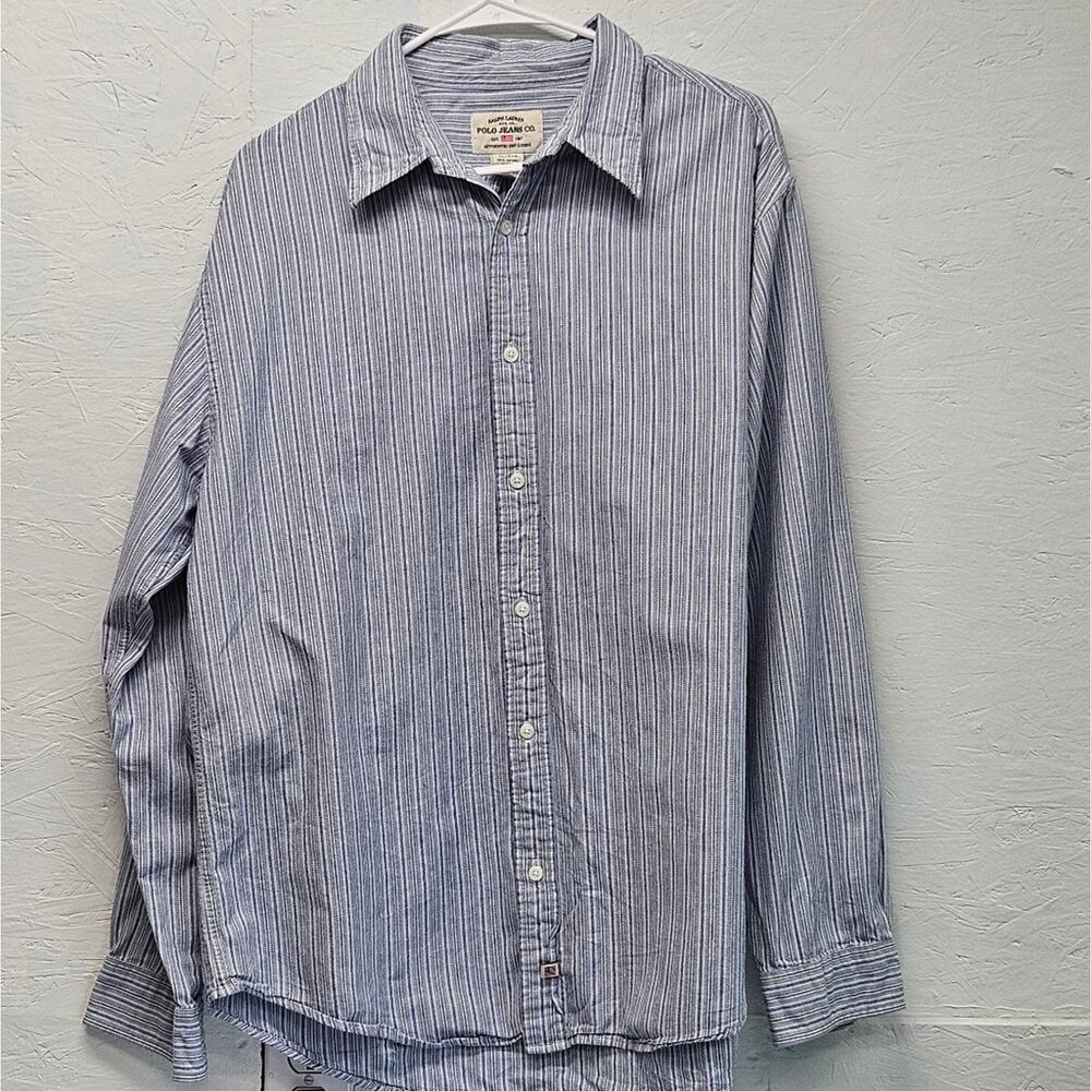 Men's XL Vintage Polo Jeans Co By Ralph Lauren (White Tag) Blue Striped Shirt